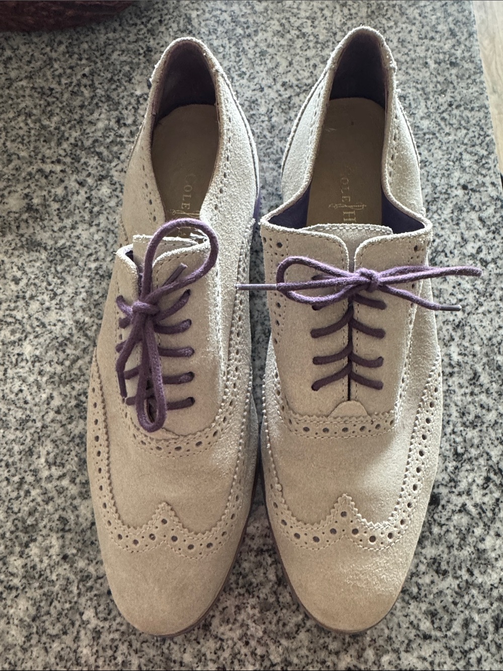 Women’s Suede Wingtip Oxfords in Grey with Purple Laces